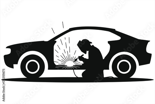 Automotive Welder Silhouette Repairing Car Body with Sparks, Black and White Illustration, Auto Body Shop, Vehicle Maintenance and Restoration, Mechanic Welding Metalwork