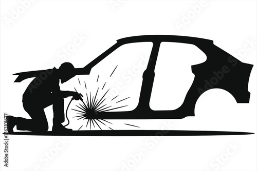 Silhouette of a welder repairing a car frame with bright sparks. Automotive body work and maintenance vector illustration. Mechanic fixing vehicle chassis isolated on white background