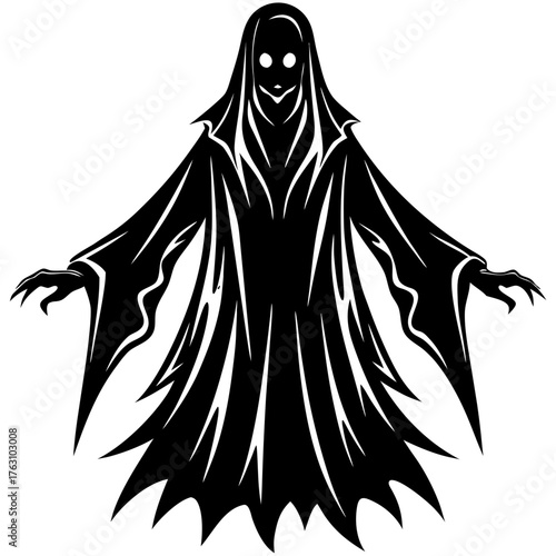 Evil Spooky Ghost Phantom Silhouette Vector Icon with Glowing Eyes and Sharp Teeth