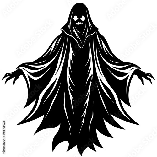 Evil Spooky Ghost Phantom Silhouette Vector Icon with Glowing Eyes and Sharp Teeth