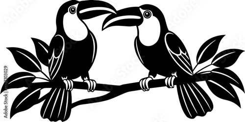 Two Toucans Facing Each Other on Branch Silhouette Vector, Tropical Birds Icon