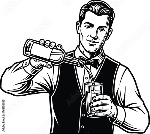 Dapper bartender pouring a drink from a bottle into a glass with ice cubes in a sketch style flat design vector illustration isolated on transparent background
