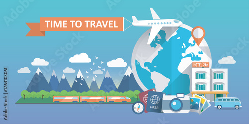 travel and tourism  Presents a “TIME TO TRAVEL” scene with a plane and globe. Full-frame composition, blue tone. Flat design style, travel background, with “TIME TO TRAVEL” text.