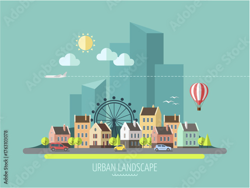 urban landscape with city Shows an urban scene with a ferris wheel and hot air balloon. Full-frame composition, teal tone