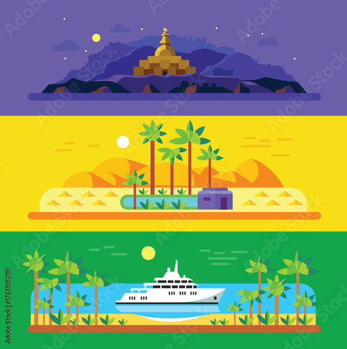 ship in the sea Shows a hot air balloon scene. Full-frame composition, teal tone. Flat design style