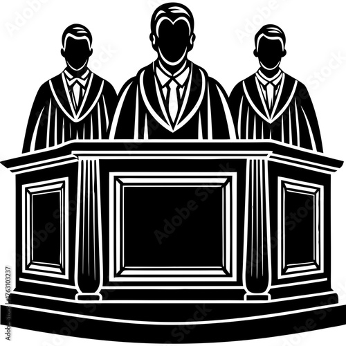 Three Judges Panel on Bench Silhouette Icon, Courtroom Justice Legal Vector