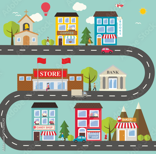 vector illustration of a city Shows a “BIG CITY” urban scene infographic. Full-frame composition, multicolor tone. Flat design style, urban background, with “BIG CITY” text.