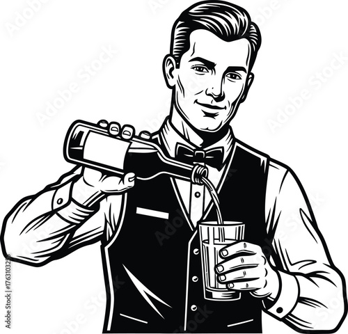 Skilled bartender pouring drink with precision and style in hand-drawn sketch flat design vector illustration isolated on transparent background