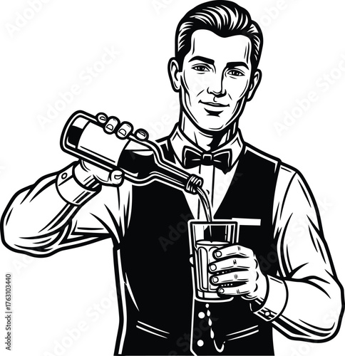 Professional bartender pouring drink with expertise and style in a hand-drawn sketch flat design vector illustration isolated on transparent background