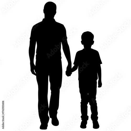 Father and Son Walking Hand in Hand Silhouette Vector Icon, Paternal Relationship