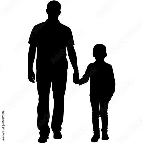 Father and Son Walking Hand in Hand Silhouette Vector Icon, Paternal Relationship