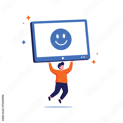 Happy man holding screen with smiley face showing positive feedback