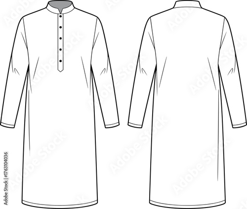Traditional long tunic thobe flat sketch, fashion technical drawing, vector apparel template, stand collar button placket design, cultural garment illustration, cad drawing flat vector illustration