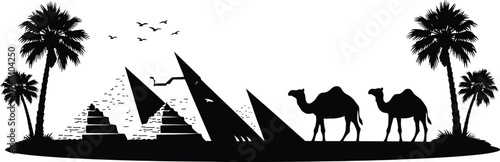 Iconic egyptian desert landscape silhouette with pyramids camels and palm trees flat design vector illustration isolated on transparent background
