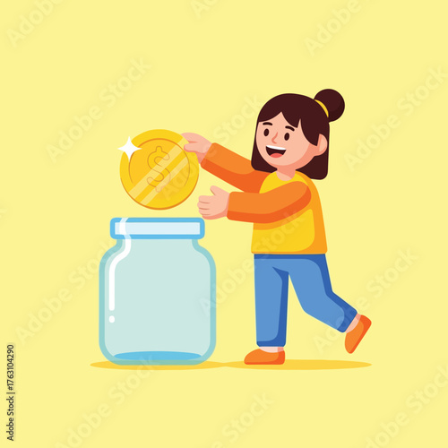 Girl saving money by putting a shiny gold coin in a glass jar icon