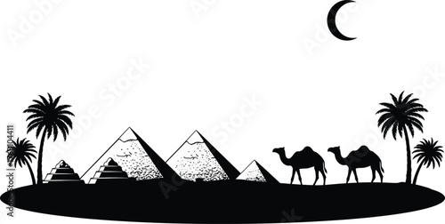 Iconic egyptian desert scene with pyramids camels palm trees and crescent moon flat design vector illustration isolated on transparent background