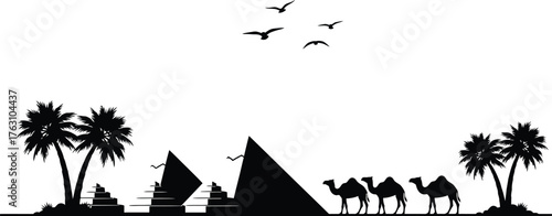 Iconic egyptian pyramids and camels silhouette scene with palm trees and birds flying overhead flat design vector illustration isolated on transparent background