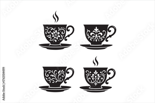 Elegant black and white illustration of ornate teacups with steam