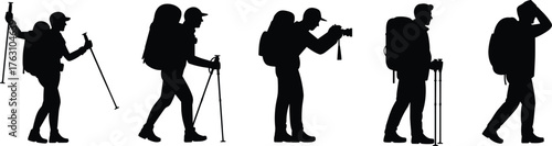 Silhouette illustration of hikers with backpacks walking and taking photos using trekking poles, outdoor adventure travel concept for nature exploration design.