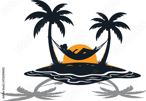 Tropical paradise hammock sunset palms island serenity peaceful vacation beach getaway relaxation tropical vibes flat design vector illustration isolated on transparent background