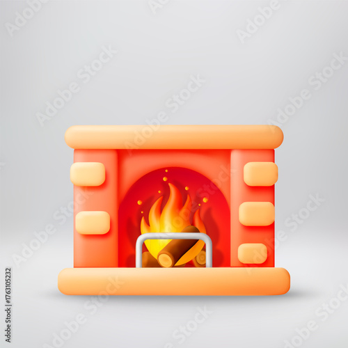 Orange cute fireplace with burning log and flames. Cozy winter holiday and Christmas concept. Warm home interior design element. 3D Vector illustration