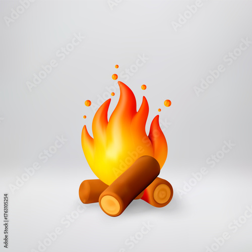 Cartoon bonfire illustration with three logs and orange fire. Campfire with flame and sparks. Camping and outdoor adventure concept. 3D Vector illustration