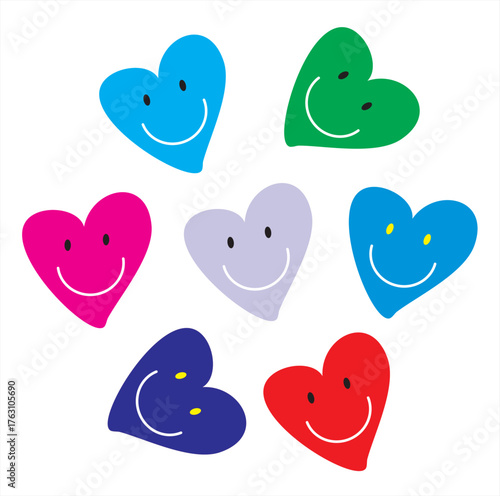 Colorful Smiling Heart Shapes – Cute Happy Hearts Vector Illustration on White Background