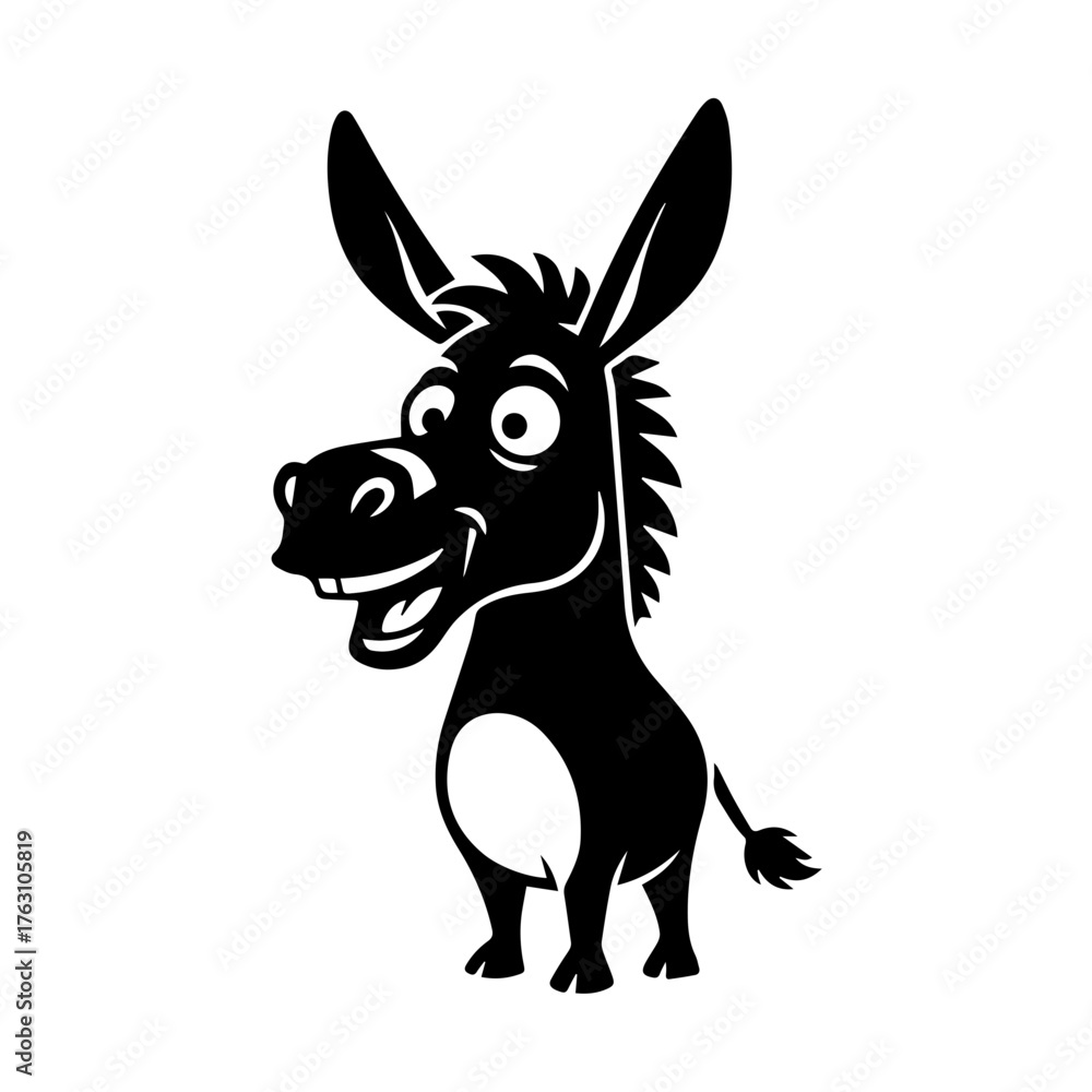 Obraz premium Funny cartoon donkey face peeking from darkness on white background