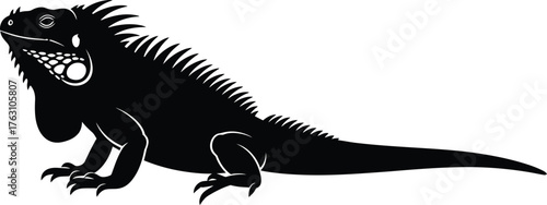 Detailed black silhouette of a fierce iguana reptile with spiky crest and long tail flat design vector illustration isolated on transparent background
