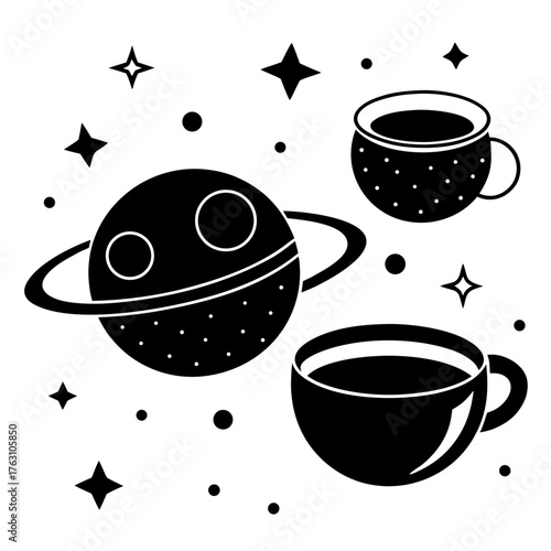 Whimsical planet and coffee cups with stars isolated on white background