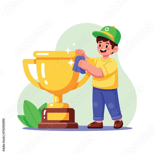 Boy proudly polishing shiny gold trophy to perfection with cloth