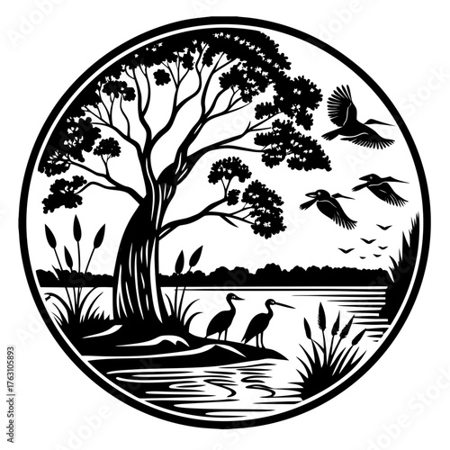 Circular silhouette of a serene lake scene with birds and trees isolated on white background