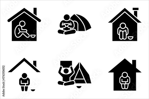 Homeless shelter linear icon set. Temporary residence for homeless individuals and families. vector illustration on white background