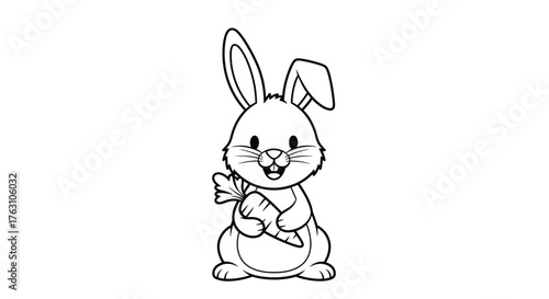 Charming cartoon rabbit sweetly holds a vibrant orange carrot in its paws