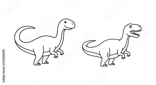 Simple black and white illustration of two cartoon dinosaurs facing each other