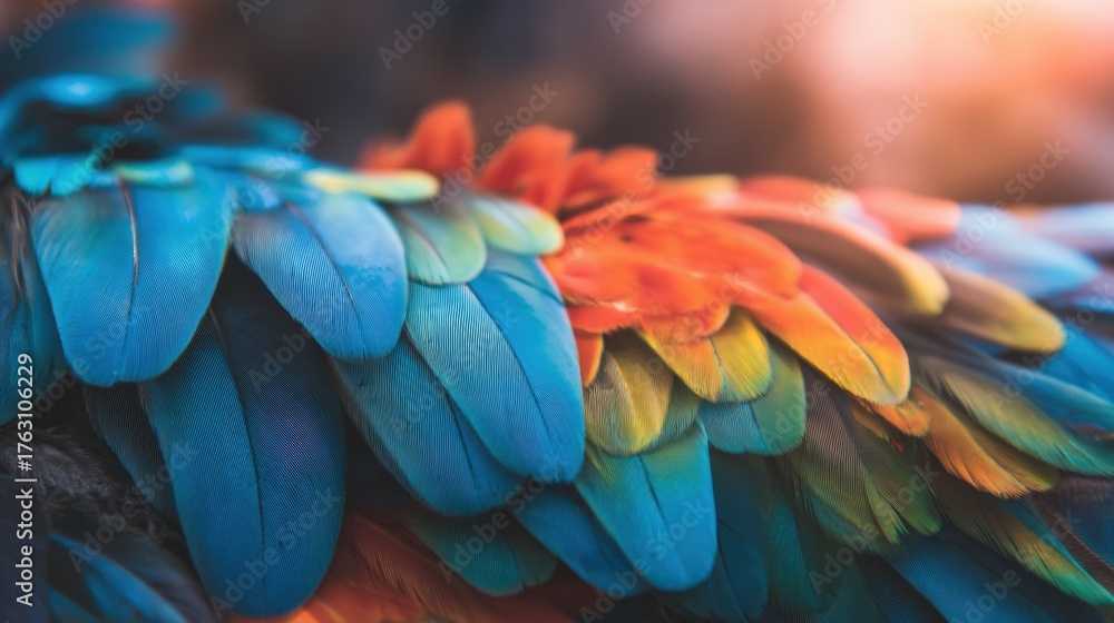 Fototapeta premium Bright blue and orange feathers of a macaw in natural light setting