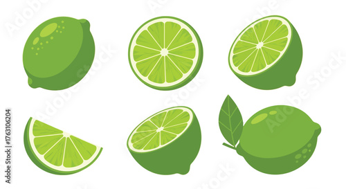 Fresh limes in various sliced and whole arrangements with a leaf