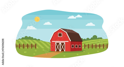 A charming red barn sits peacefully within a vibrant green landscape
