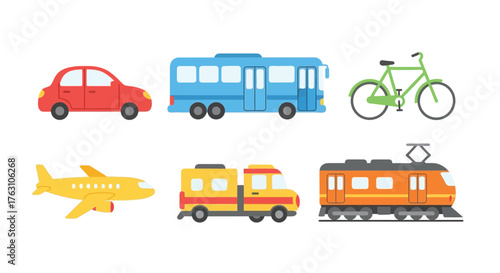 Colorful illustrations of various transportation vehicles including cars buses and trains