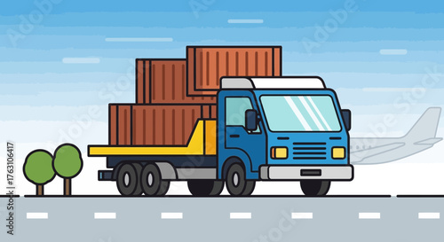 Blue Truck Transporting Cargo on a Road.