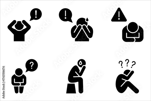 Worry linear icon set. Emotional stress, anxiety thin line, vector illustration on white background