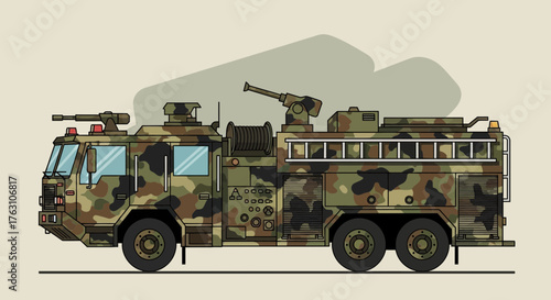 Camouflaged military fire truck with mounted weapons and ladder.