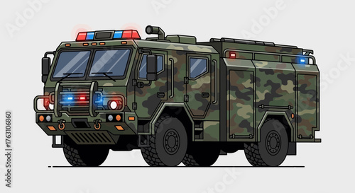 Camouflaged Military Firetruck with Emergency Lights.