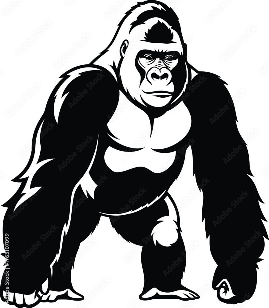 Obraz premium Powerful gorilla standing strong wild animal primate ape king kong jungle beast silhouette flat design vector illustration isolated on transparent background