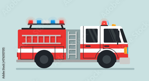Cartoon Fire Truck Illustration with Ladder and Emergency Lights.