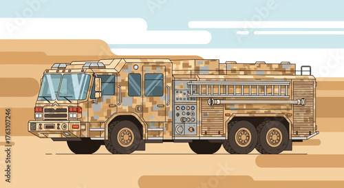 Desert Camouflage Fire Truck Vehicle Illustration.