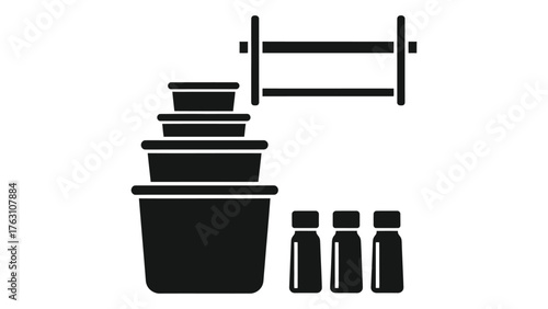 Black and white illustration of a set of containers, bottles, and a pasta drying rack isolated on white background