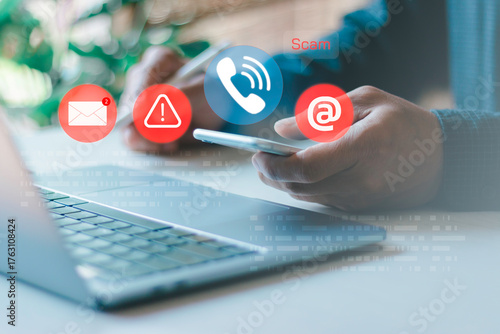 Scam or spam warning alert concept. Person receiving a smartphone notification about cyber threats data protection. Emphasizing security risks, emergency alerts, virus alarm, online safety awareness