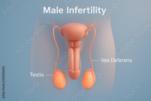 Male Infertility Diagram Showing Reproductive Organs. 3D medical illustration of male reproductive anatomy highlighting testis and vas deferens, used in infertility diagnosis and education.

