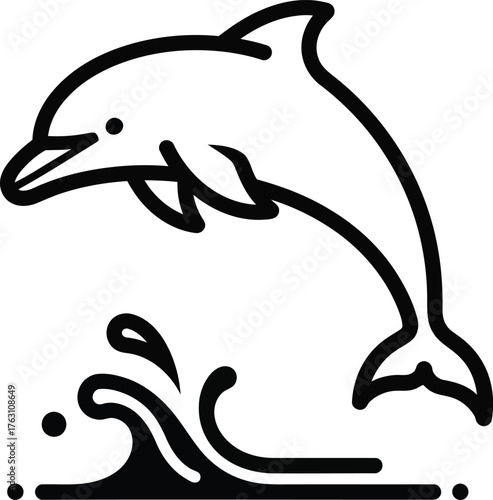 Playful dolphin leaping joyfully out of ocean waves artistic line art symbol flat design vector illustration isolated on transparent background
